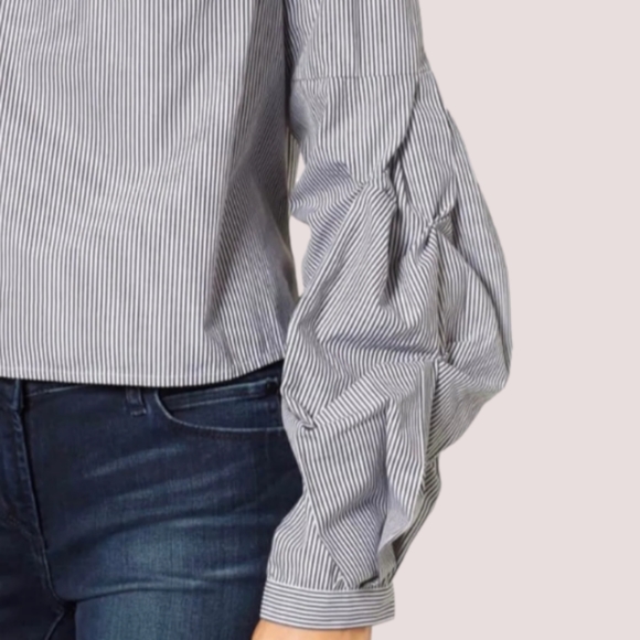 BP Nordstrom Ruched Balloon Sleeve Pinstripe Top Dark Grey & White Blouse S - Picture 3 of 5